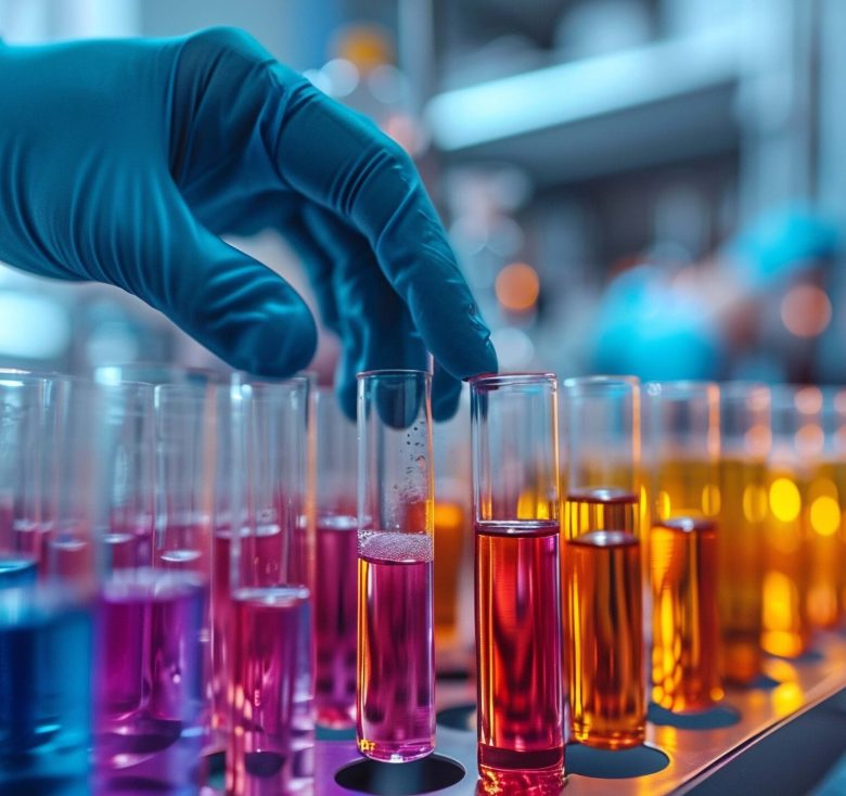 Researcher or scientist hands holding medical test tubes at laboratory with health technology. Generative AI