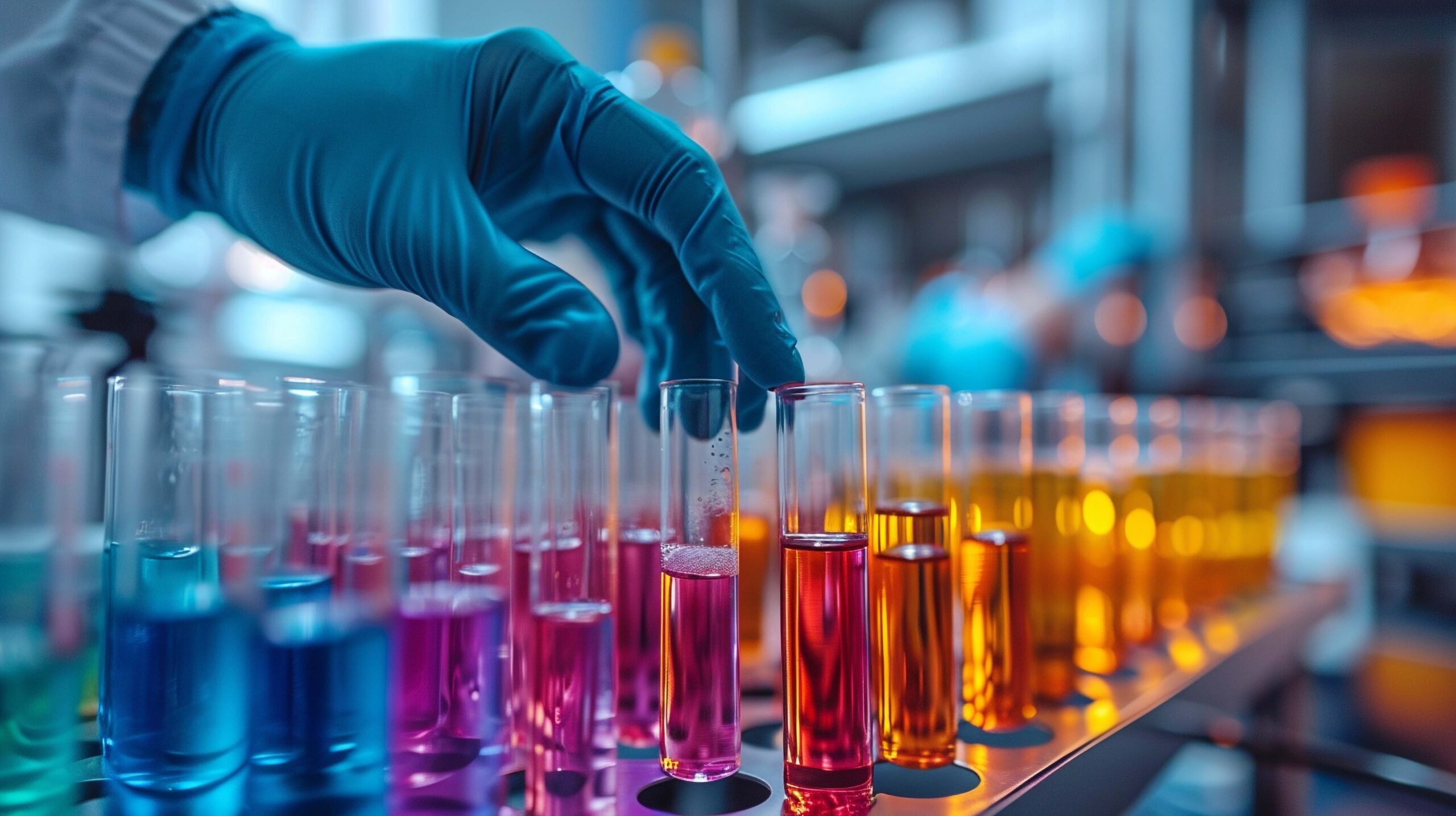 Researcher or scientist hands holding medical test tubes at laboratory with health technology. Generative AI